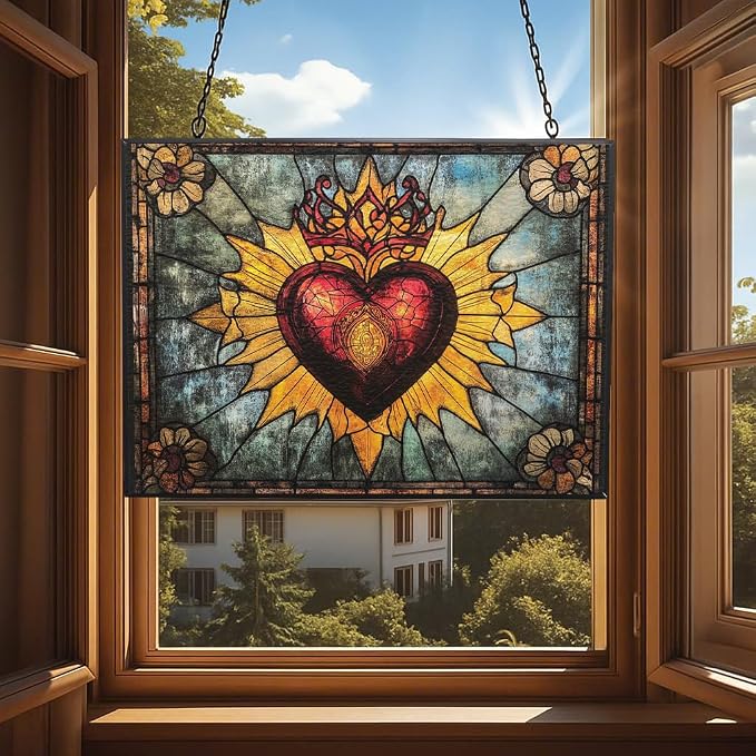 Rectangle Stained Glass Suncatcher, Vintage Sacred Heart Sun Catcher Stain - Image 4