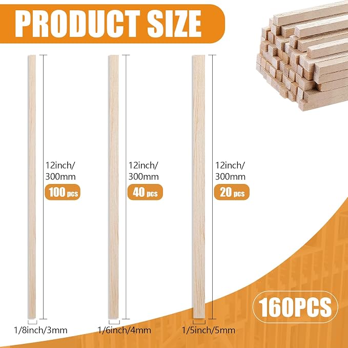 160Pcs Balsa Wood Sticks, 12 Inch Square Wooden Dowels, Hardwood Square Dowels - Image 2