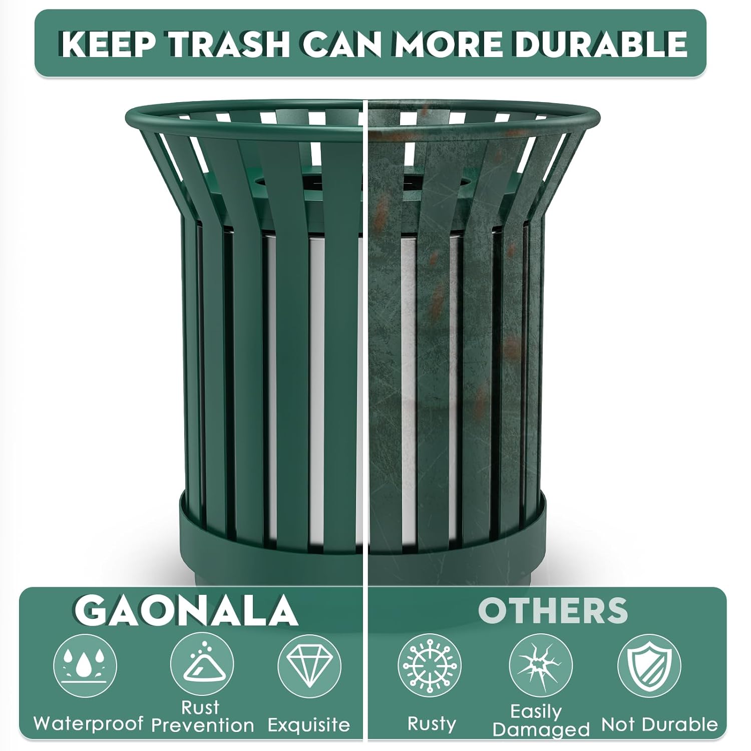 27.6IN Round Large Outdoor Trash Can, Heavy Duty Metal Slatted Garbage Can Outdoor, All Weather Resistant Commercial Garbage Cans, Waste Receptacle in Park, School, Beach, Patio, Green