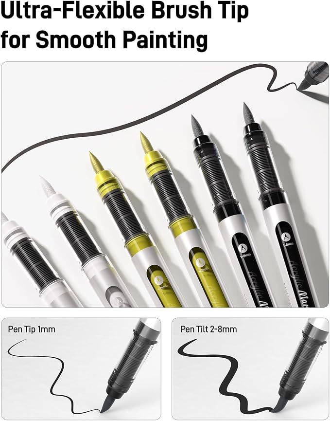 JusArt 3 White Paint Markers Brush Tip, Water-Based No-Bleed Acrylic Markers - Image 3