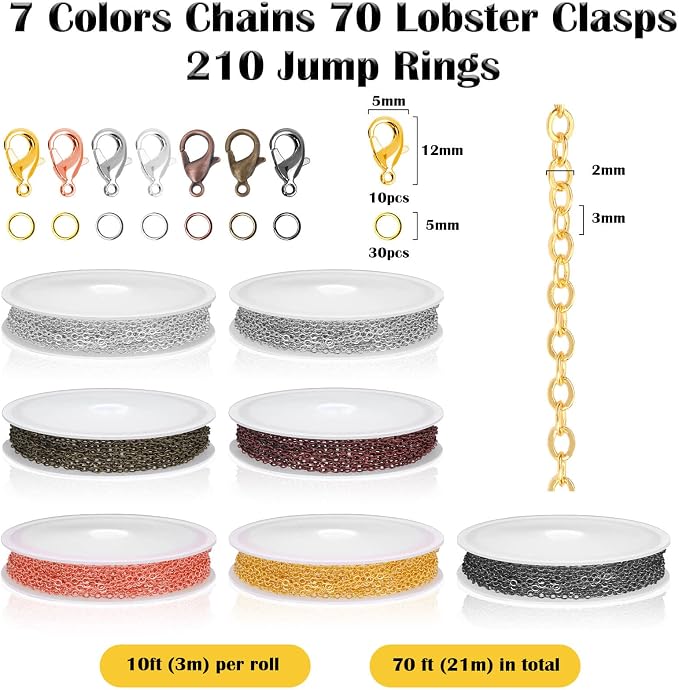 70Ft Jewelry Making Chains, 7 Colors 2mm Stainless Necklace Chains - Image 2