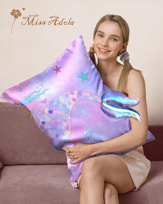 Kids Pillowcases Standard Size 20"x26" - Cute Cartoon Soft Breathable Silk Pillow Cases for Hair and Skin with Hidden Zipper for Girls Fun Kawaii Design for Bedding, Fish Tail