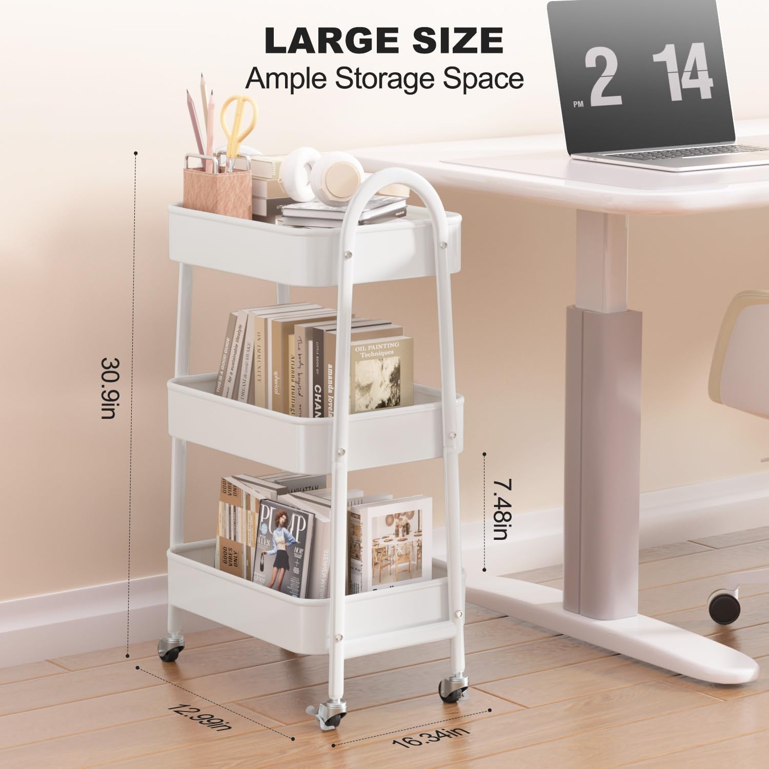 EAGMAK 3 Tier Rolling Cart Under Desk, Large Metal Storage Cart with Handle and Lockable Wheels, Big Multifunctional Storage Organizer Trolley for Kitchen, Living Room, Office, Garage (White)