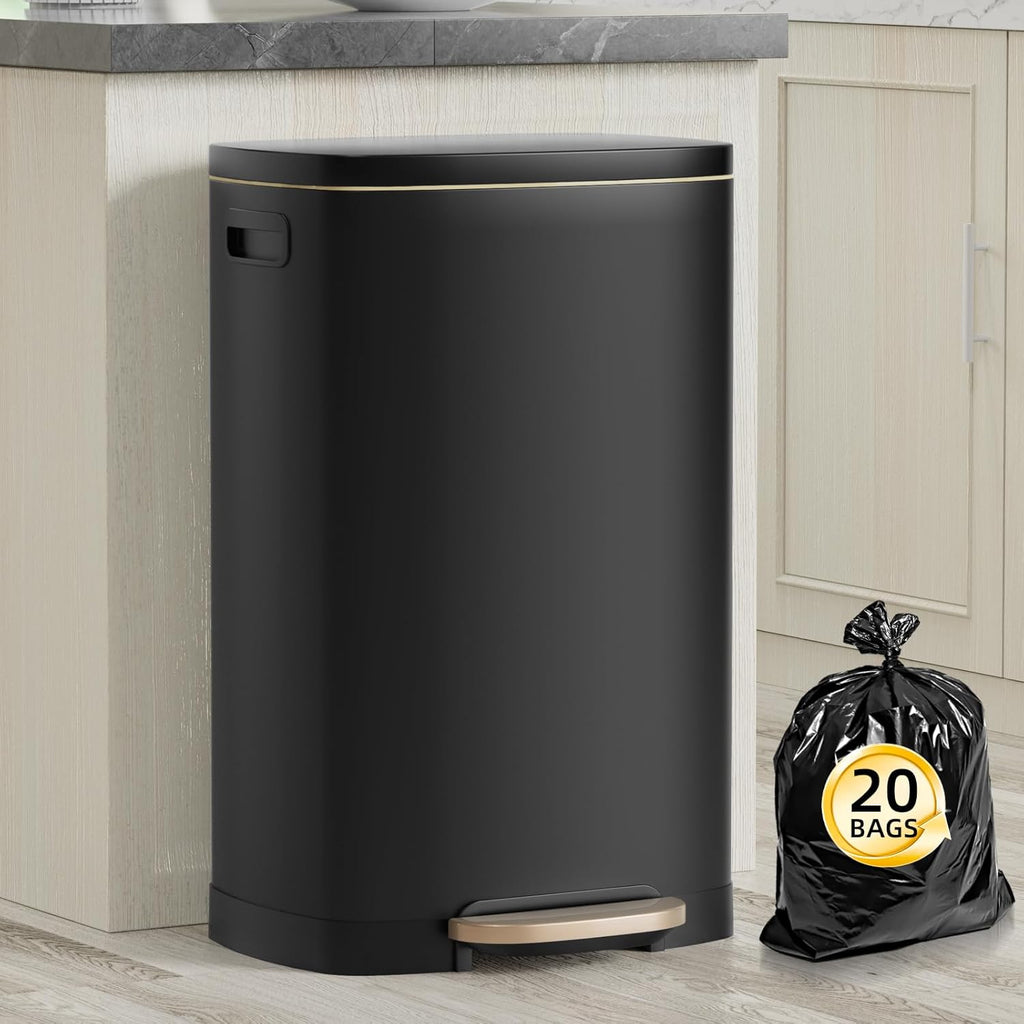 13 Gallon Trash Can with Lid, 50L Fingerprint Proof Stainless Steel Kitchen Trash Can with Removable Inner Bucket and Lid Soft Close, Pedal Rubbish Bin for Home Office, Black