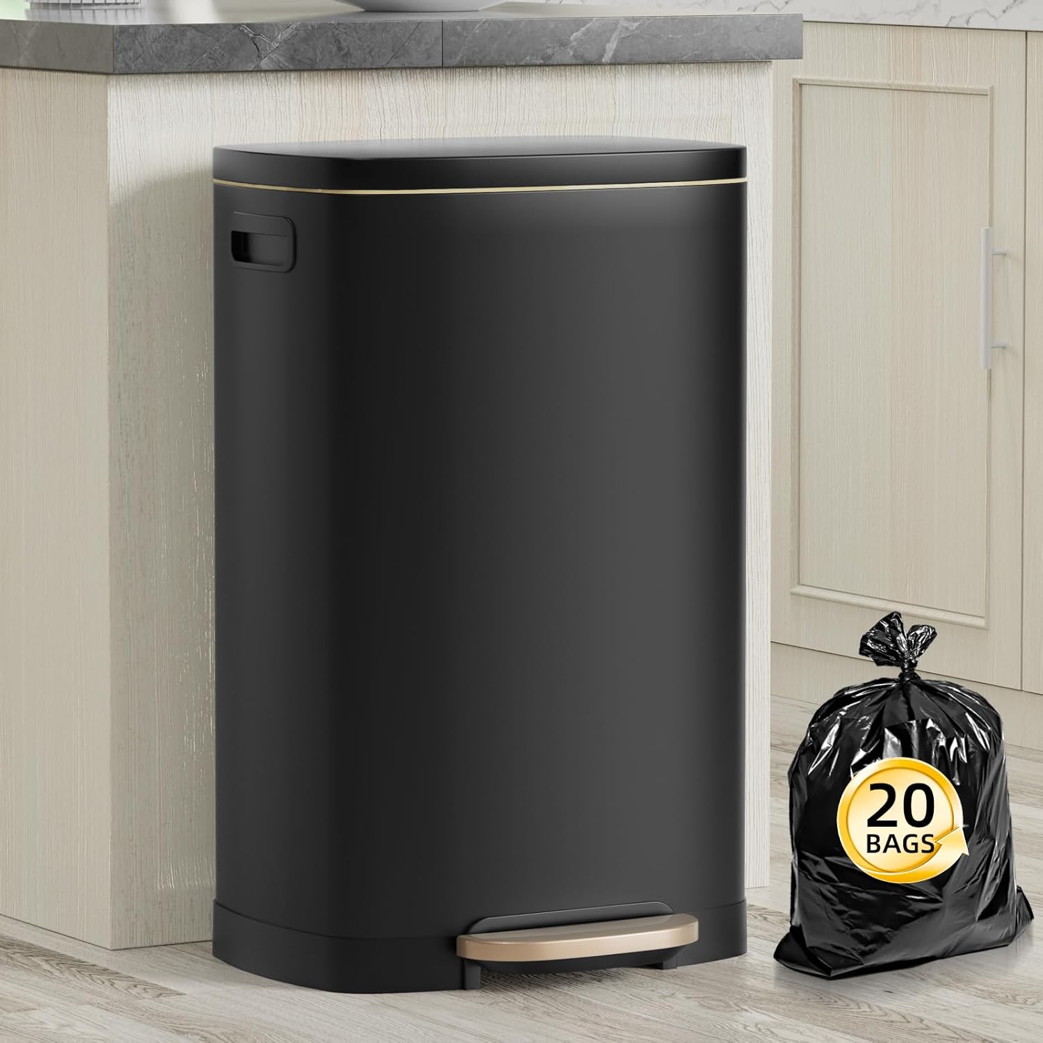 13 Gallon Trash Can with Lid, 50L Fingerprint Proof Stainless Steel Kitchen Trash Can with Removable Inner Bucket and Lid Soft Close, Pedal Rubbish Bin for Home Office, Black