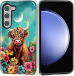 for Samsung Galaxy S23 Plus Case, Highland Cow Flower Pattern Glossy 2 in 1 by Teonvpu