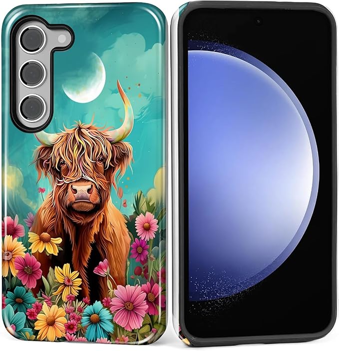 for Samsung Galaxy S23 Plus Case, Highland Cow Flower Pattern Glossy 2 in 1 by Teonvpu