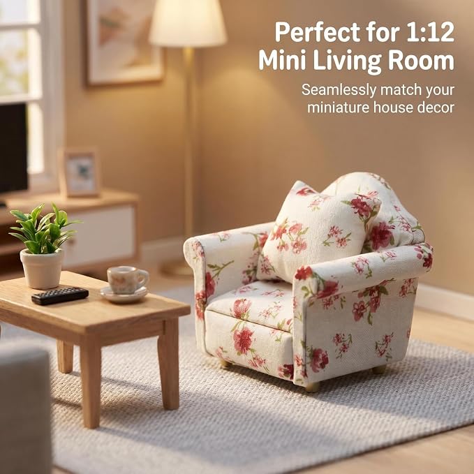 Dollhouse Couch with Pillow 1 12 Scale Miniature Sofa Arm Chair Living Room - Image 2