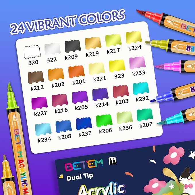 Betem Dual Tip Acrylic Paint Pens, 24 Metallic Paint Markers - Image 3