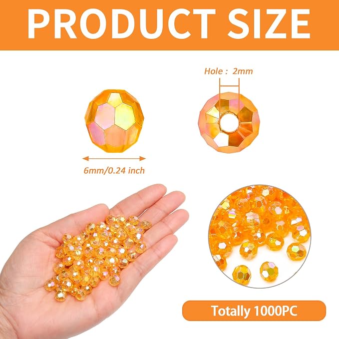 BONNY BOXX 1000pcs 6mm Acrylic Faceted Round Crystal Beads Transparent Orange - Image 2