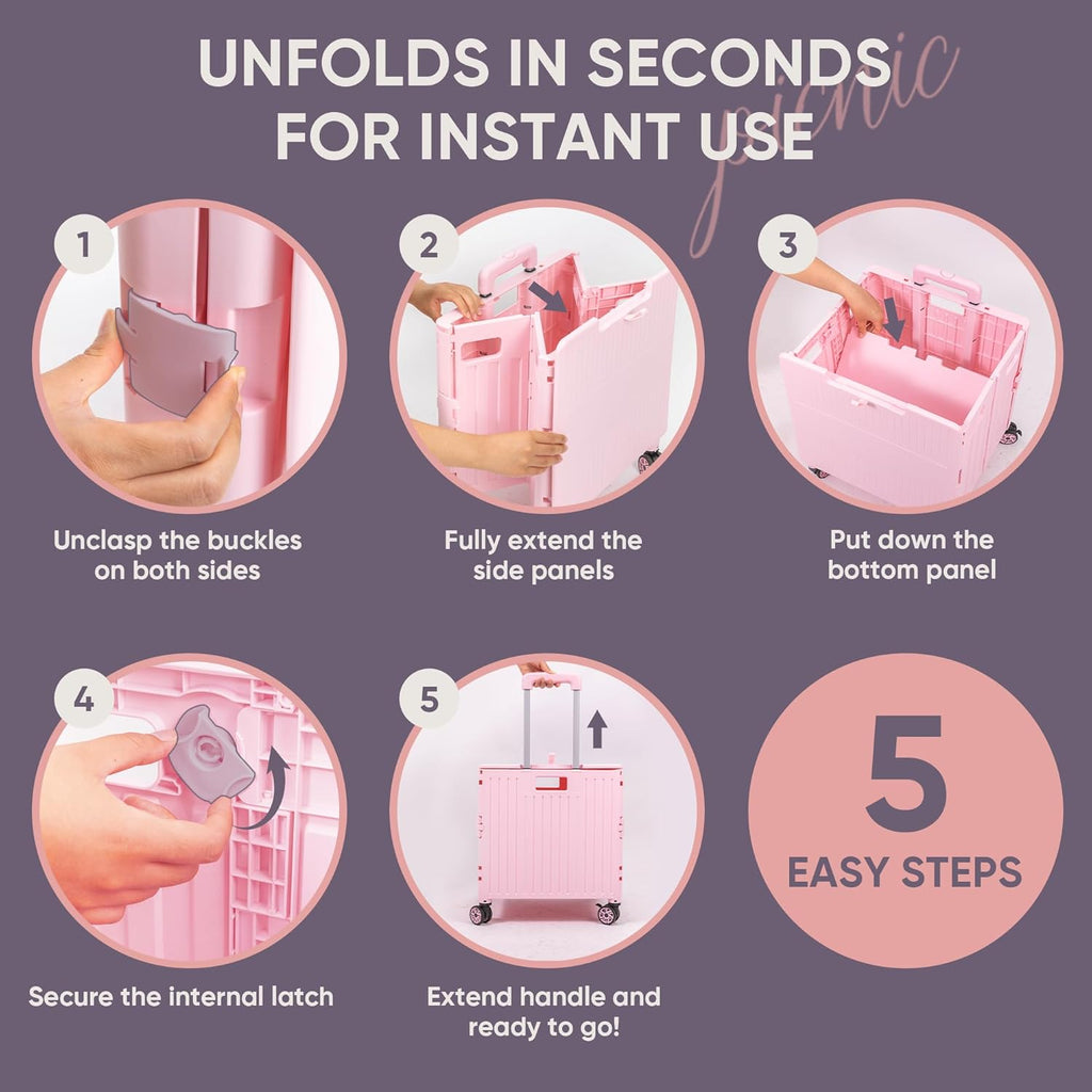 VUSIGN Folding Utility Cart, Foldable Rolling Crate Handcart with Lid, Portable Collapsible Shopping Trolley Tool Box, 4 Rotate Wheels for Grocery, Office, Travel, Teacher, Luggage, Pink