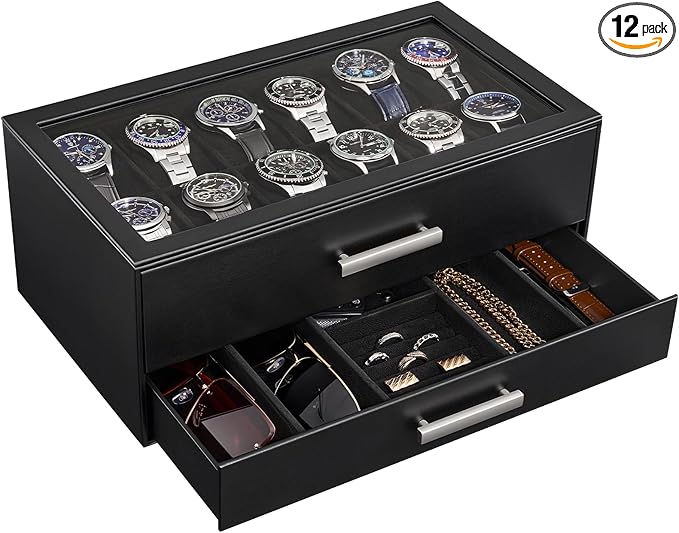 ProCase 12-Slot Watch Case for Men, 2-Tier Pull-Out Drawers Box -Black | by ProCase