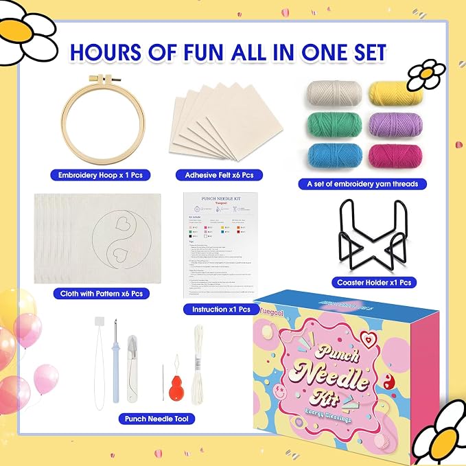 yuegool 6PCS Energy Punch Needle Coasters Kit, Easy DIY Punch Needle Embroidery - Image 2