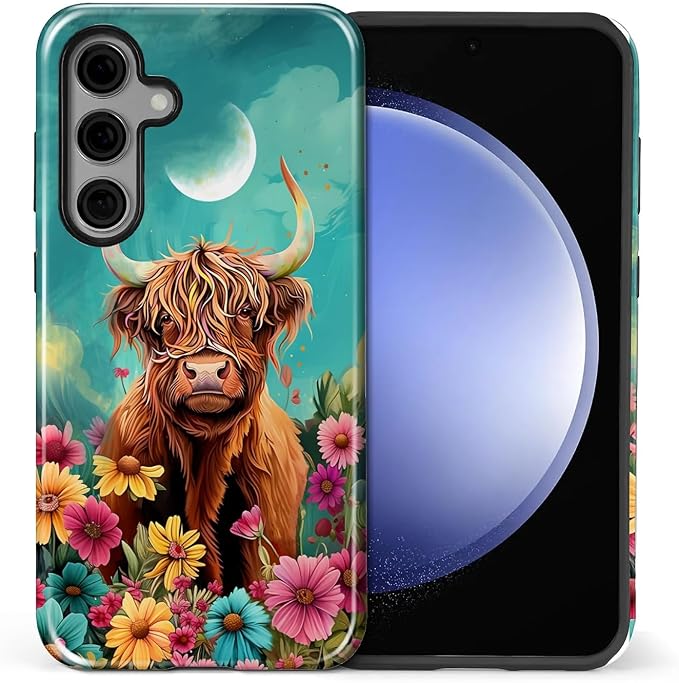 for Samsung Galaxy S25 Case, Highland Cow Flower Pattern Glossy 2 in 1 by Teonvpu