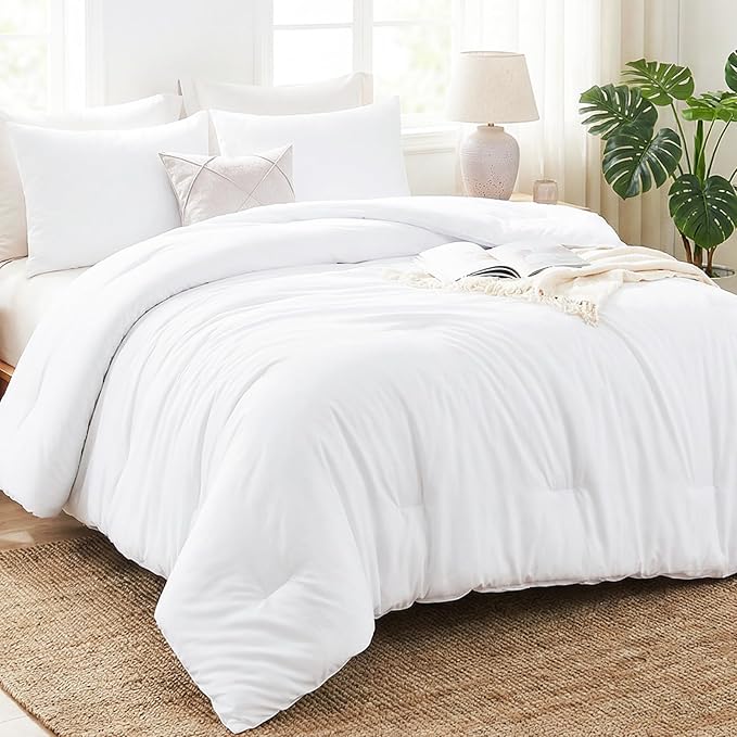 CozyLux White Queen Comforter Set, 3 Pieces Solid Breathable Quilted Boho Style by CozyLux