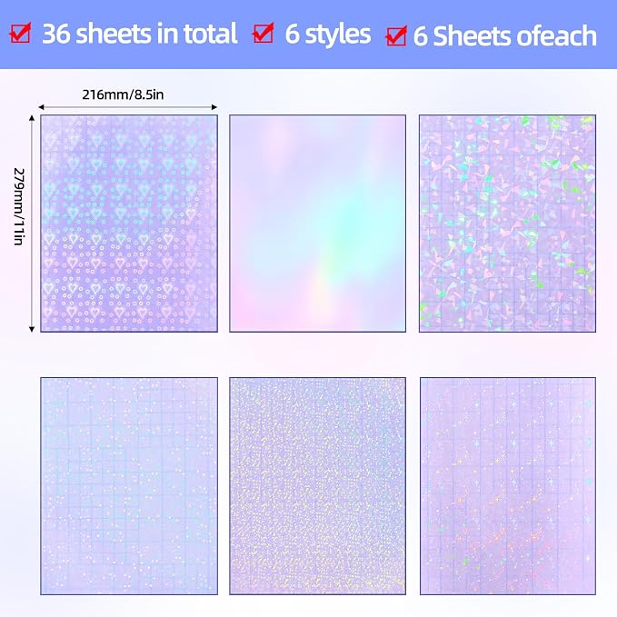 36 Sheets Holographic Laminating Sheets Clear Self Adhesive Sticker Paper | - Image 3