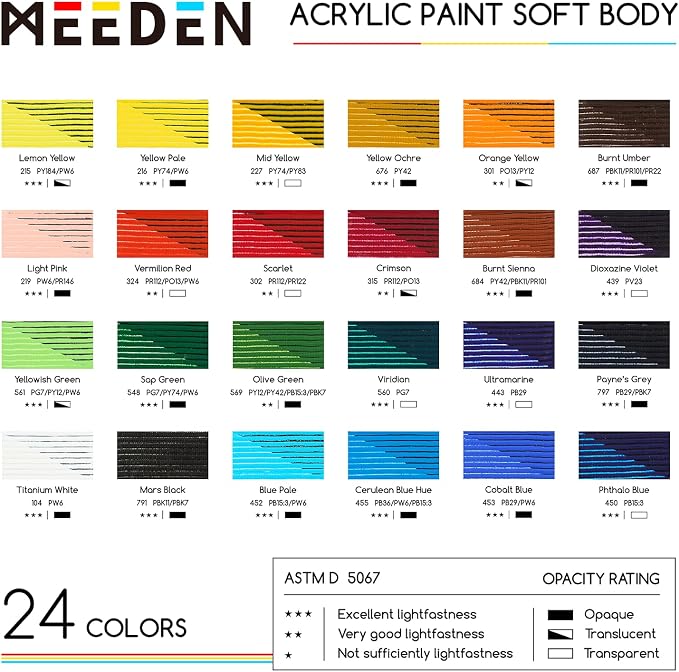 MEEDEN Soft Body Acrylic Paints Set: Matte Finish 24 Colors x 60ml/2oz Fluid - Image 2