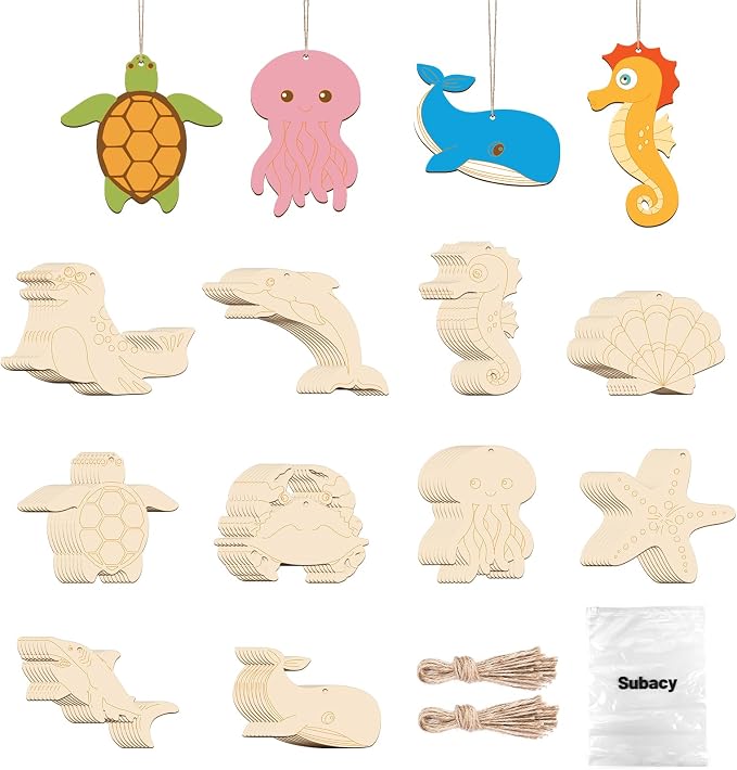 Subacy 80 PCS Unfinished Wood Cutouts 10 Styles DIY Wooden Ocean Ornaments by GRADUATIONDECORATIONS