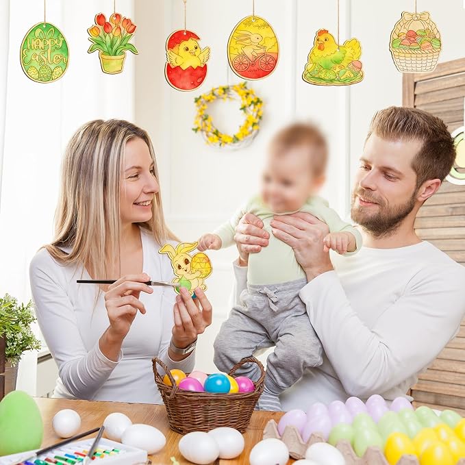 36PCS Wooden Easter Ornaments to Paint, 6 Styles DIY Blank Unfinished Wood Egg - Image 3