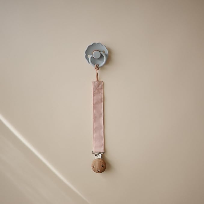 mushie Linen Baby Pacifier Clip Holder | Soft Fabric Strap, 2-Pack (Blush/Cream)