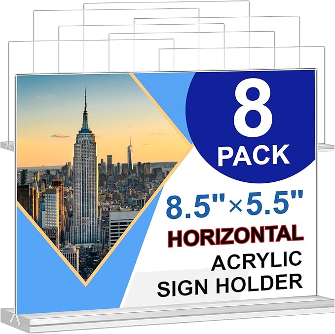 Acrylic Sign Holder 8.5 x 5.5, 8 Pack Double-Sided Standup Table Top Clear Sign by Arrobust