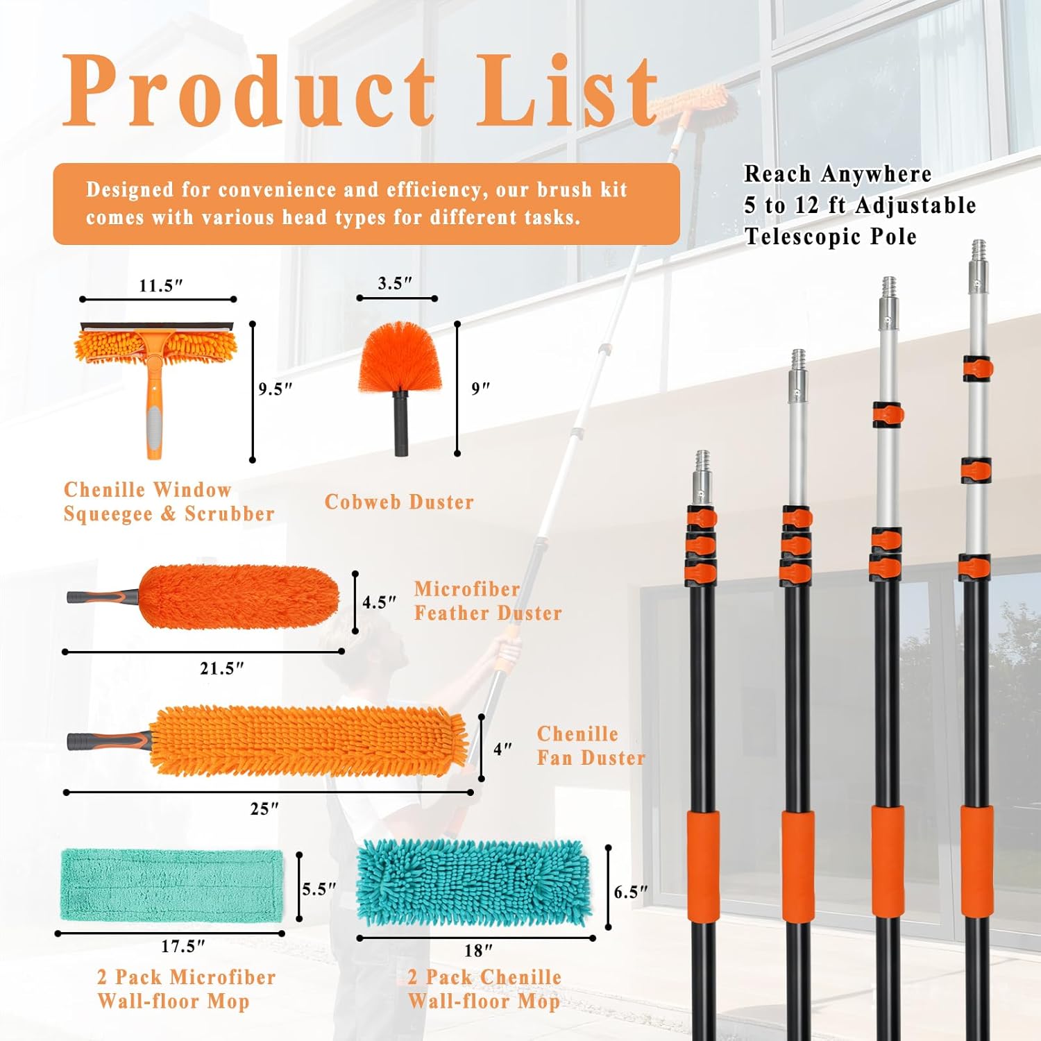 20ft High Ceiling Duster Kit with 5-12ft Heavy-Duty Extension Pole, Cobweb Duster, Ceiling Fan Duster, Window Squeegee & Cleaner, Microfiber Duster, Wall Mop for Home High Reach Cleaning