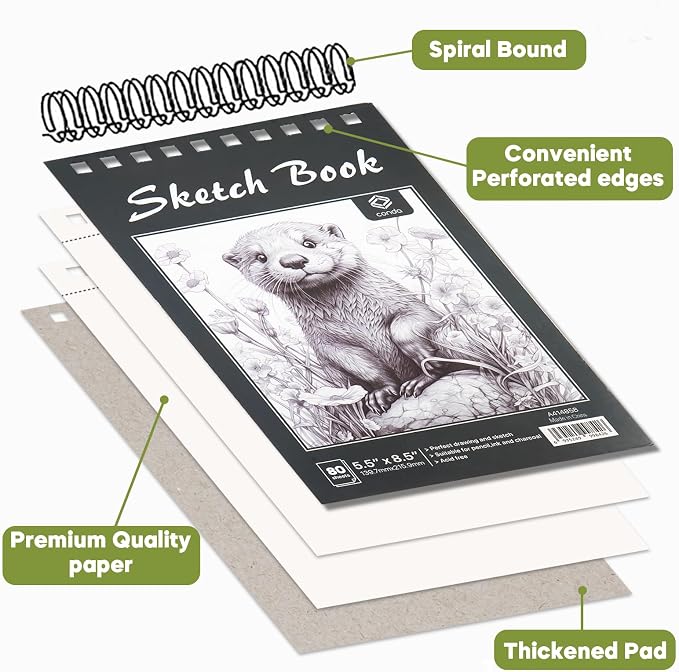 CONDA 5.5 x 8.5 Sketchbook Book, Top Spiral Bound Sketch Pad, 2 Pack, 80 Sheets - Image 3