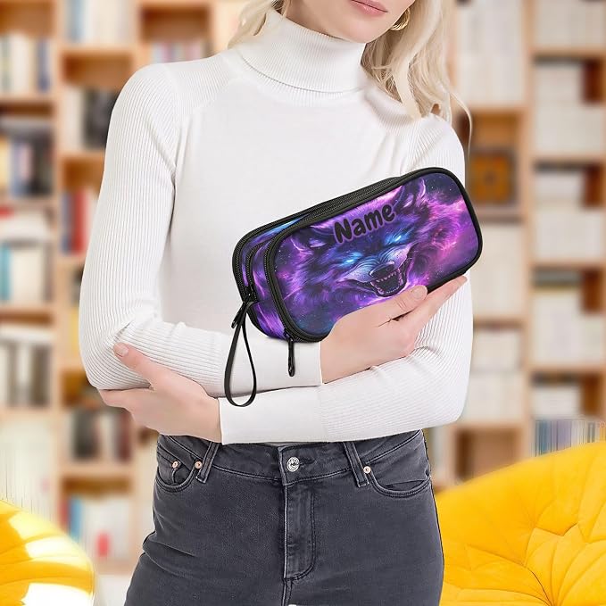 Custom Blue Eyes Wolf Purple Galaxy Pencil Case Box Boys Girls Personalized - Image 8