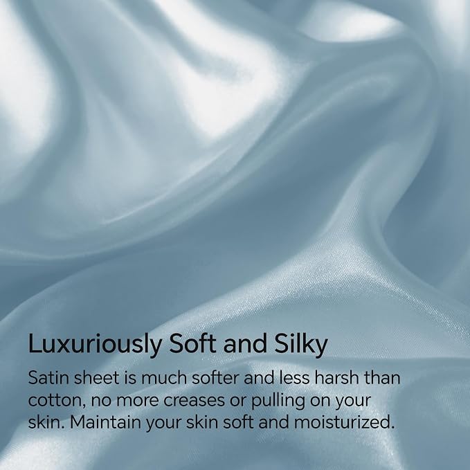 BEDELITE King Size Sheets Set, Luxury Soft Light Blue Satin Sheets - Image 3