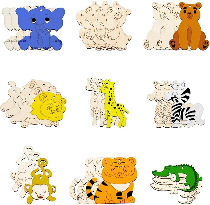 45 pcs 9 Styles Animal Theme Unfinished Wood Cutout Charms Elephant Lion by Gythara