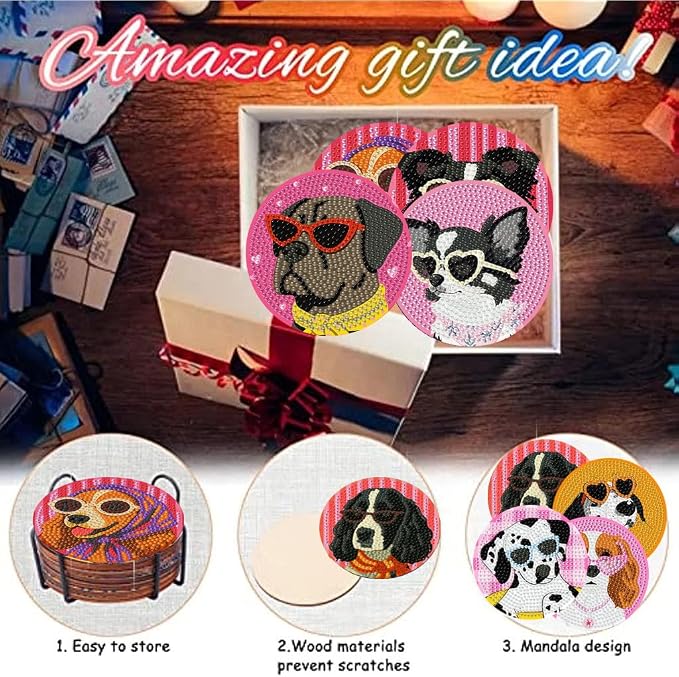 8 Pack Diamond Art Coasters, Funny Dog Diamond Painting Coasters Kits | Dog - Image 6
