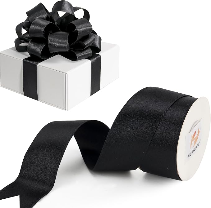 HUIHUANG Black Satin Wired Ribbon 1-1/2 inch Double-Faced Satin Wire Edge Ribbon by HUIHUANG