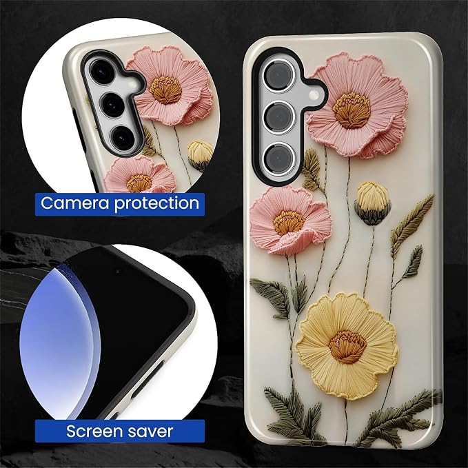 Case for Samsung Galaxy S26 Case, Faux Embroidery Boho Floral Design- Hybrid - Image 2