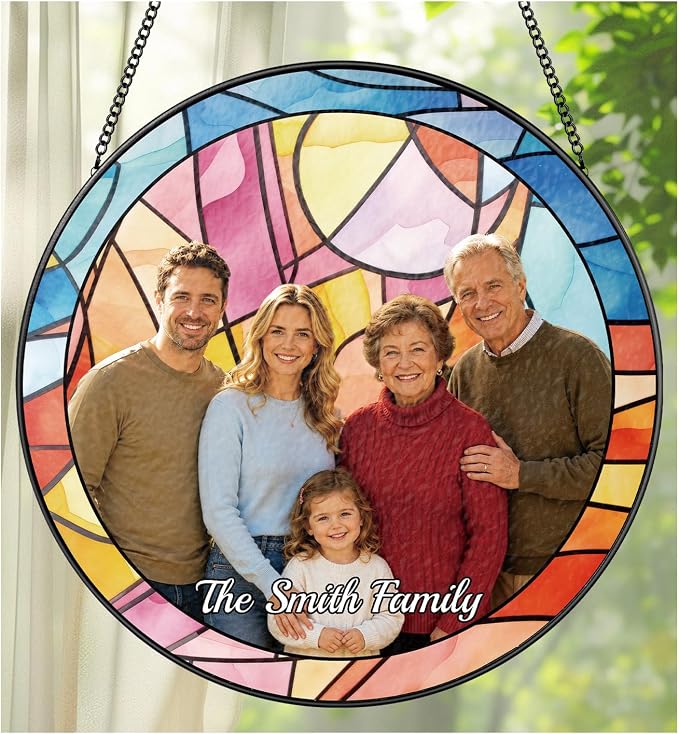 Custom Family Photo Suncatcher, Personalized Faux Stained Glass Window Hanging by UNIGIFTIME