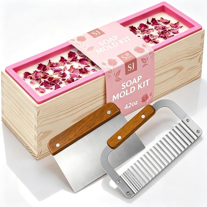 SJ 42 oz Soap Making Kit with Pink Silicone Loaf Mold, Wooden Box & Cutters | by SJ