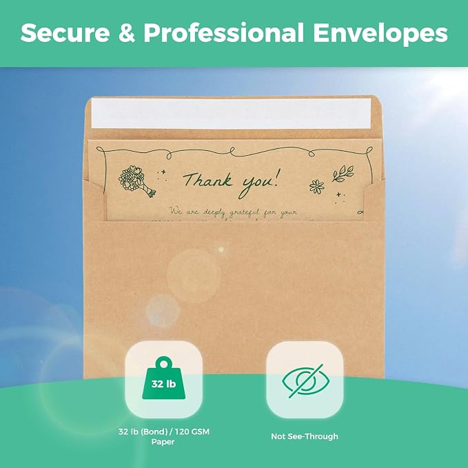 Ohuhu A7 Blank Brown Kraft Cards and Self-Seal Envelopes 100 Pack | 5" x 7" - Image 8