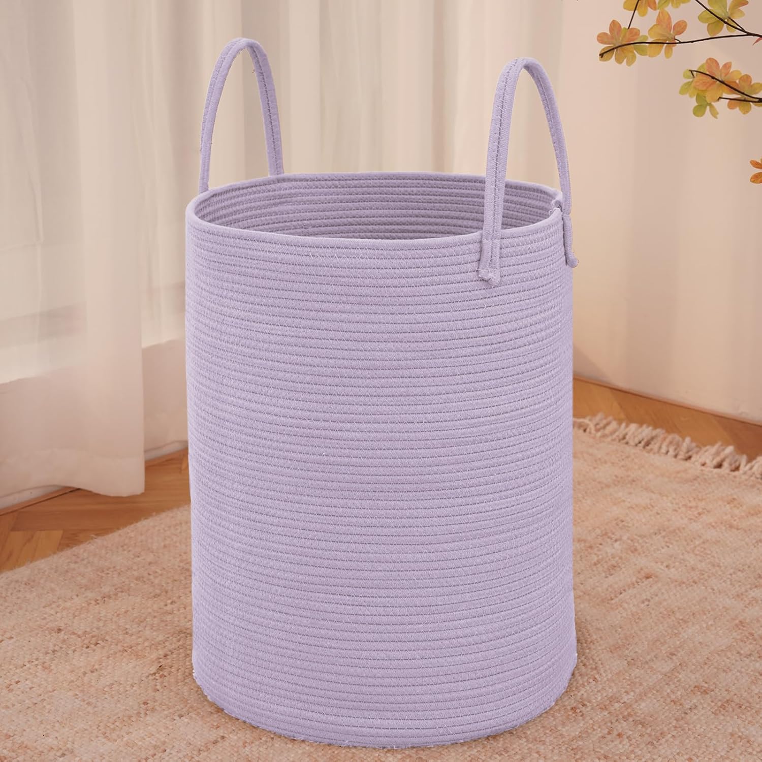 Large Woven Laundry Basket Hamper,80L Cotton Rope Storage Bin for Blankets,Toys and Clothes,Decorative Tall Nursery Hamper for Living Room,Baby Nursery,Bathroom and Bedroom,Purple