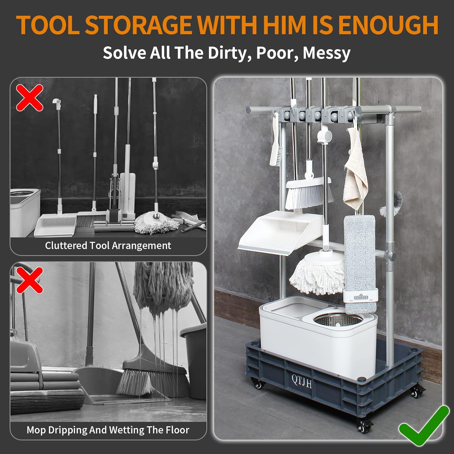 Broom mop holder cleaning supplies organizer janitorial carts on wheels housekeeping station storage tools for garage, garden, closet, cabinet.