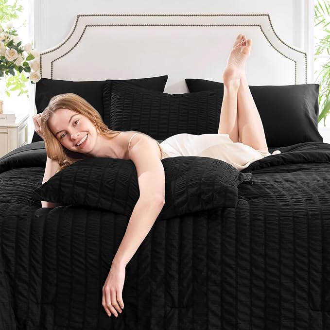CozyLux King Size Comforter Set Black Seersucker 7 Pieces Bed in a Bag King - Image 3