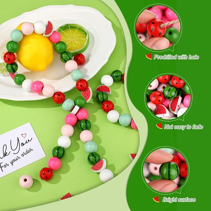 Qunclay 200 Pcs Summer Watermelon Wooden Beads Multi Colored Wooden Beads Bulk - Image 3