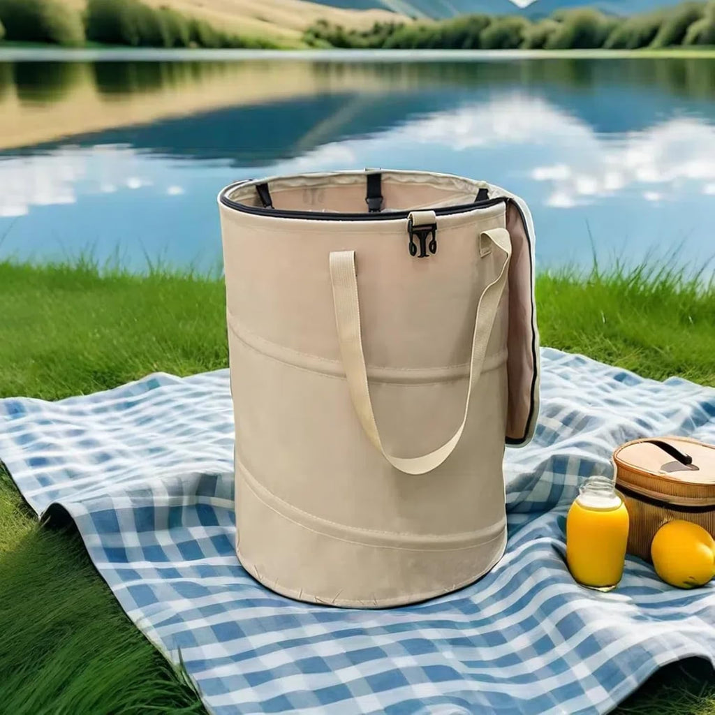 Collapsible Trash Can with Lid, Foldable Camping Trash Can, Outdoor Recycle Bin for Clothes and Toys, Thickened, Sturdy, Durable, with Attached Hook (Coffee)