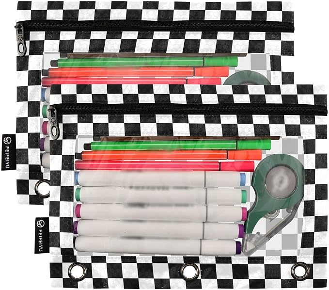 Custom Black White Checkered Pattern Pencil Pouch - Image 2