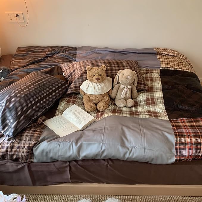 Nayoroom Plaid Duvet Cover Queen Size Vintage Brown Patchwork Checkered Duvet - Image 4