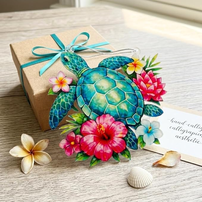 Sea Turtle Gifts for Women, Acrylic Faux Stained Glass Ornament, Floral Turtle - Image 5