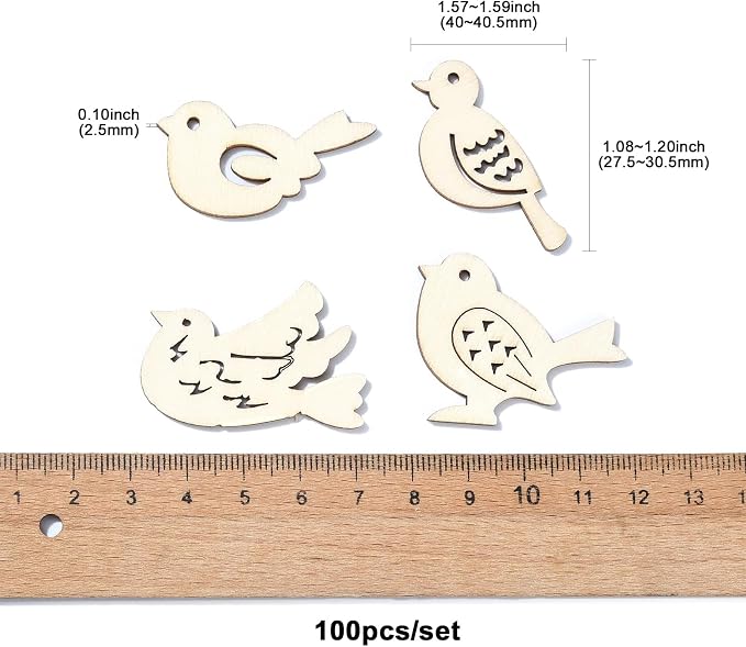 200 pcs Mixed Styles Bird Theme Undyed Wood Cutout Charms Spring Animal Wood - Image 2