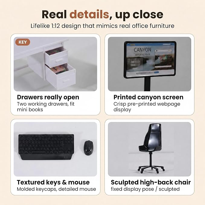 1:12 Scale Miniature Computer Desk & Chair Set – Dollhouse Office Furniture - Image 2