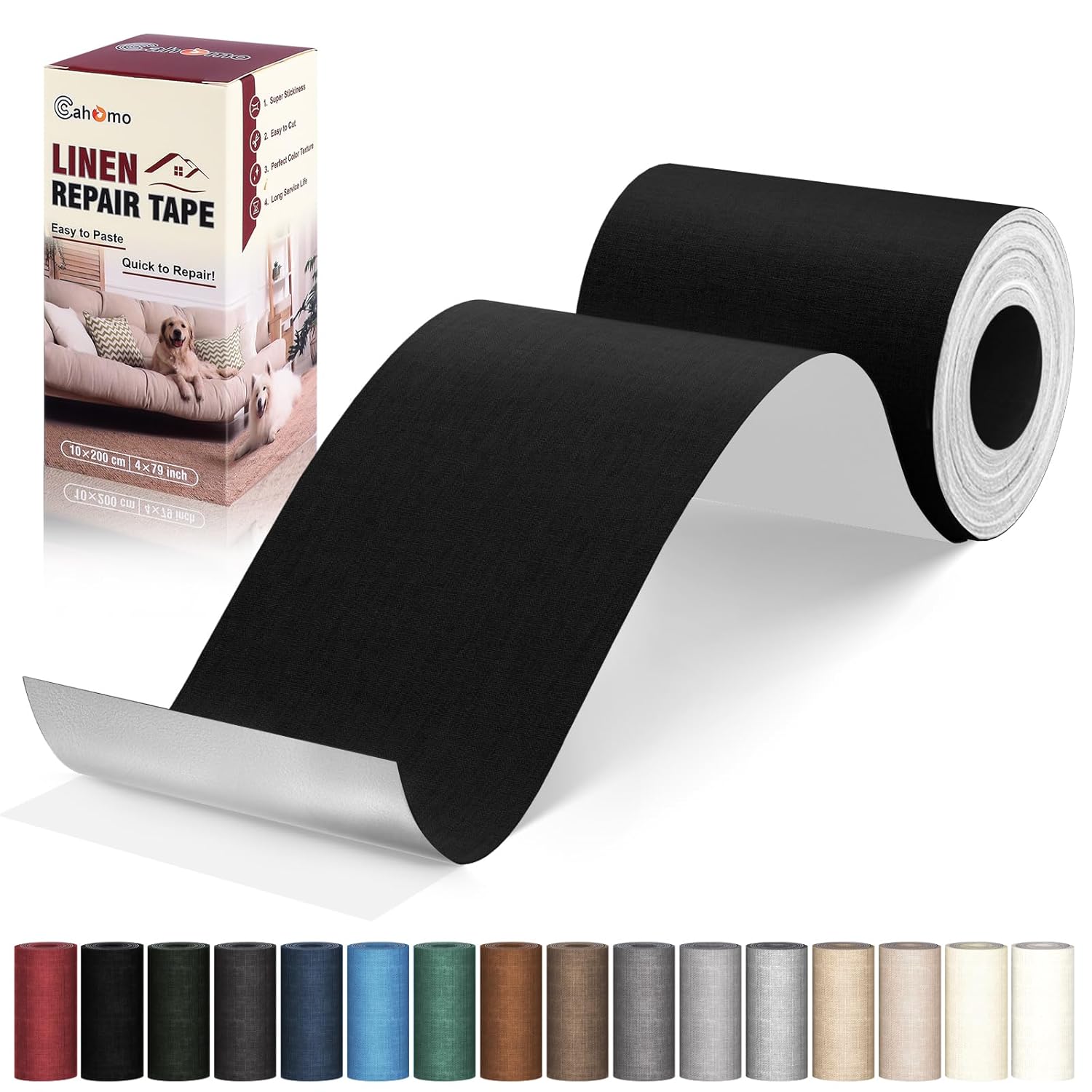 Linen Repair Tape 4x79 inch, Self Adhesive Fabric Patches, Linen Patch Tape Kit, Fabric Repair Tape for Couch Sofas, Headboards, Chairs, Pillows, Curtains, Couches - Black