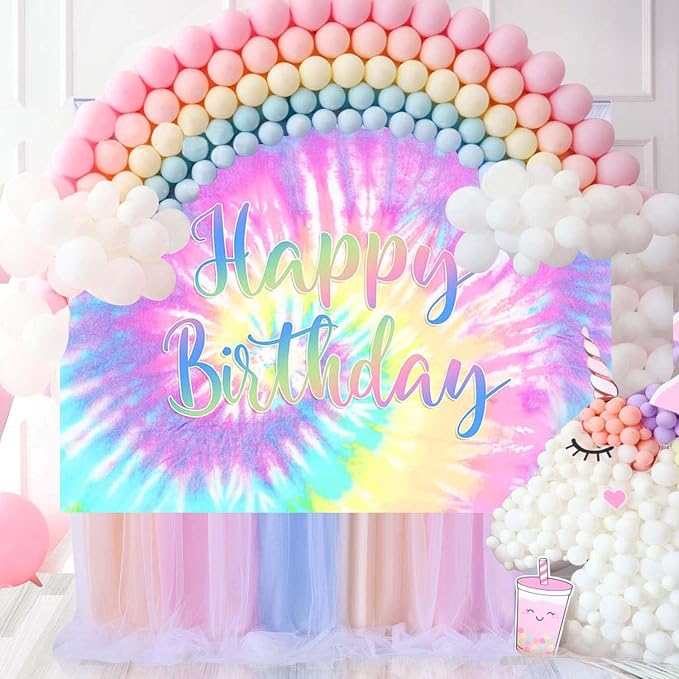 8x6ft Tie Dye Happy Birthday Backdrop Macaron Pastel Girls Birthday Background - Image 4