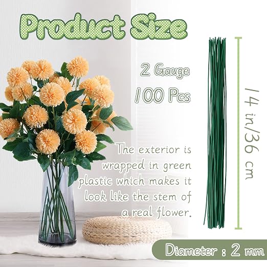 100 Pcs Floral Stems Wire for Paper Flower, 14 Inch 2 Gauge Dark Green Floral - Image 2