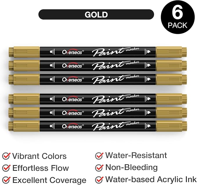 Overseas 6 Gold Acrylic Paint Markers, Dual Tip Paint Pens Acrylic Marker | Dot - Image 2